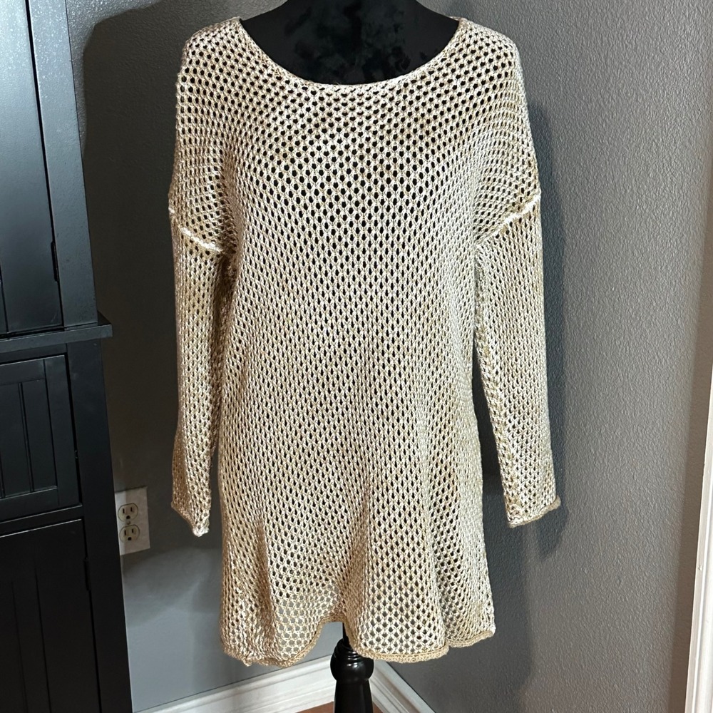 Paradise‎ Shores Crochet Knit Cover Up Sweater Top Tan Beige L Beachy Coastal
